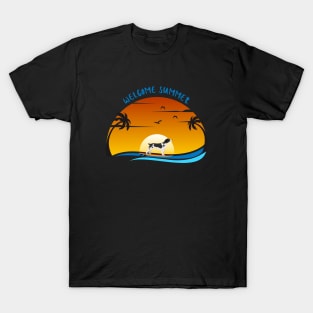 Welcome Summer with Britanny Spaniel Dog on Surf and Summer Landscape with Palm, Sunset Sky and Sea T-Shirt